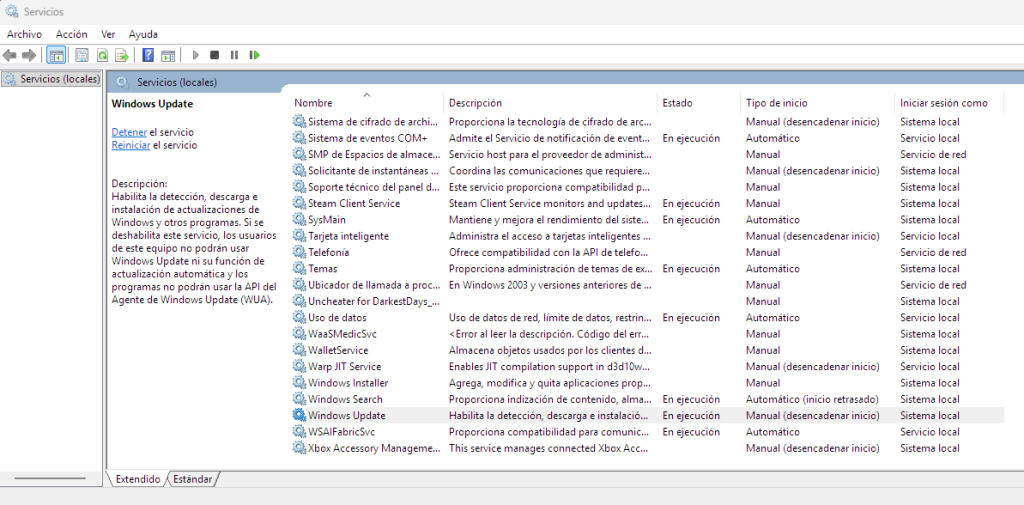 Solucionando el error 0x80070422 -Listado de los servicios de windows