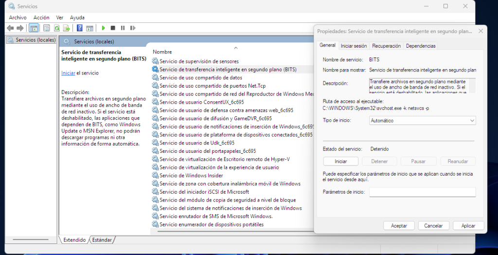 servicio de transferencia inteligente en segundo plano (BITS). Que este en ejecución y tipo de inicio automático