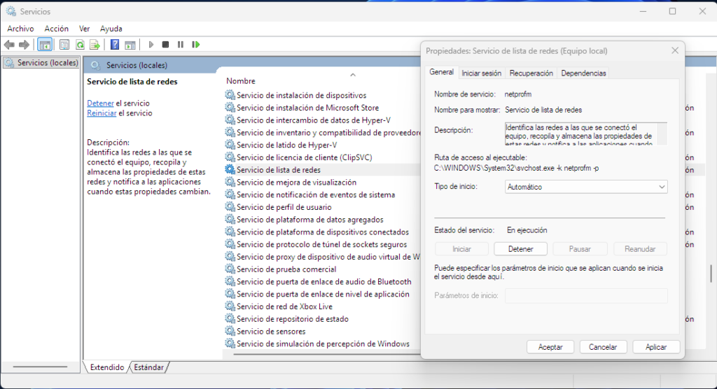 Servicio de lista de redes, verificar que este en ejecución y automático