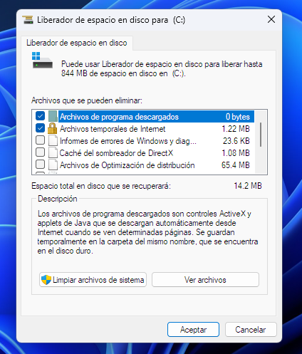 Herramienta Cleanmgr es la encargada de Liberar espacio en el disco