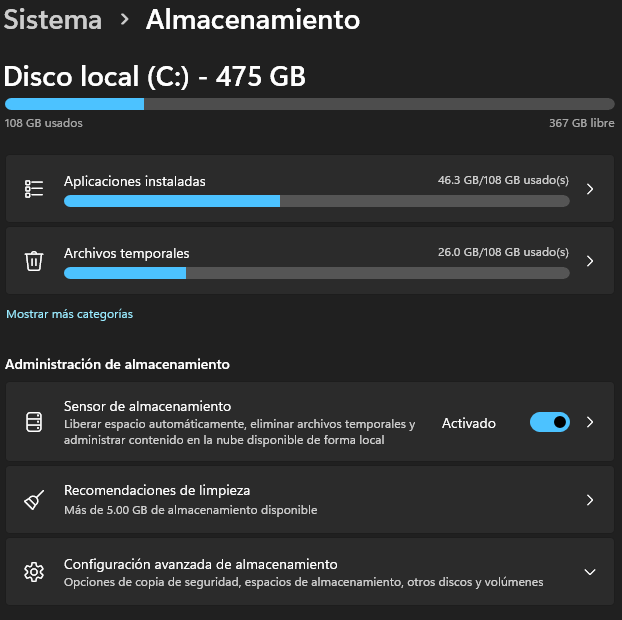 Pantallazo - Sensor de Almacenamiento