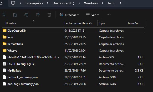 Pantallazo de la carpeta de archivos temporales Windows