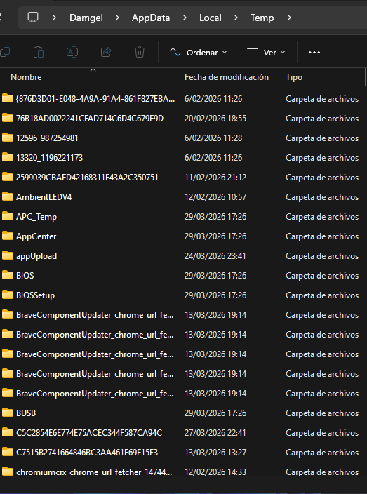 Pantallazo de la carpeta archivo temporales del usuario